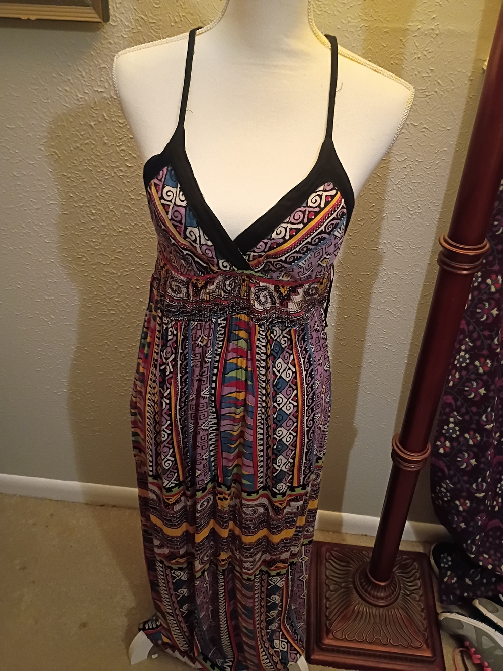 Boho Multicolor Maxi Dress with Black Trim